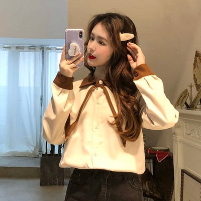 Női ingek Patchwork Édes hercegnőstílusú gomb hosszú ujjú bő felsők koreai Stílusos tinédzserek mindennapi szabadidő női