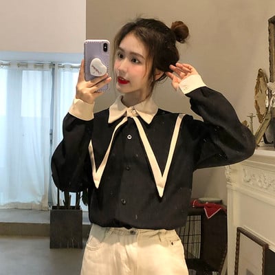 Női ingek Patchwork Édes hercegnőstílusú gomb hosszú ujjú bő felsők koreai Stílusos tinédzserek mindennapi szabadidő női