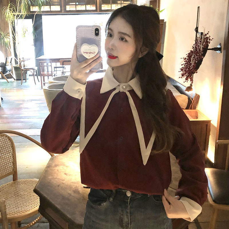 Női ingek Patchwork Édes hercegnőstílusú gomb hosszú ujjú bő felsők koreai Stílusos tinédzserek mindennapi szabadidő női