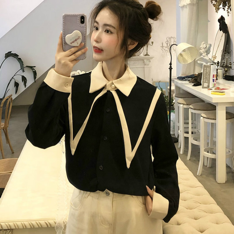 Női ingek Patchwork Édes hercegnőstílusú gomb hosszú ujjú bő felsők koreai Stílusos tinédzserek mindennapi szabadidő női