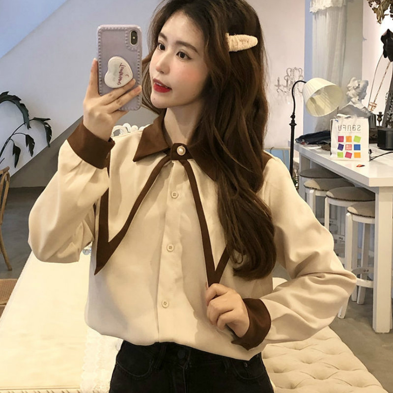 Női ingek Patchwork Édes hercegnőstílusú gomb hosszú ujjú bő felsők koreai Stílusos tinédzserek mindennapi szabadidő női