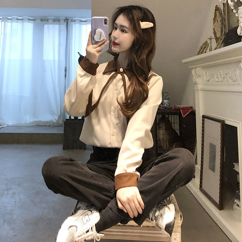 Női ingek Patchwork Édes hercegnőstílusú gomb hosszú ujjú bő felsők koreai Stílusos tinédzserek mindennapi szabadidő női