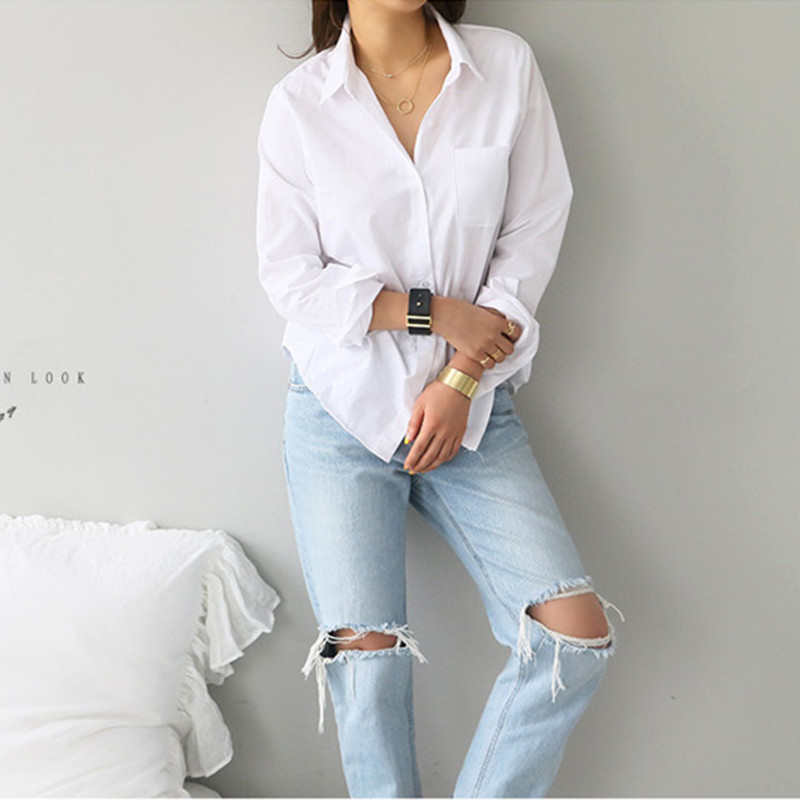 Balta moteriška medvilninė plona biuro palaidinė Rudens pavasario ilgomis rankovėmis kišeniniai darbo marškiniai Vienspalviai tiesūs viršutiniai moteriški 2020 m. Nauja