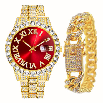 Full Iced Out Watch за мъже Bling Miami Cuban Chain Bracelet with Watch Men Hip Hop Watch Луксозен златен часовник Women Reloj Hombre