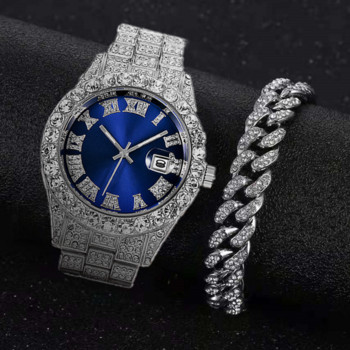 Full Iced Out Watch за мъже Bling Miami Cuban Chain Bracelet with Watch Men Hip Hop Watch Луксозен златен часовник Women Reloj Hombre