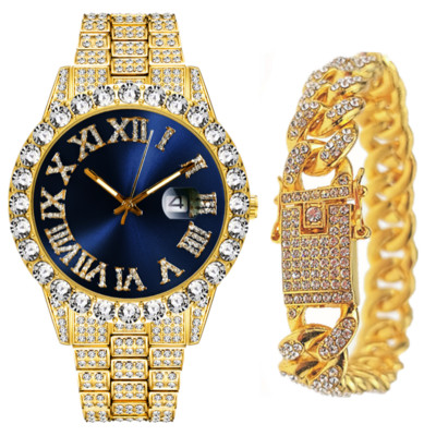 Pilns Iced Out Pulkstenis vīriešiem Bling Miami Kubas ķēdes rokassprādze ar pulksteni Vīriešu hiphopa pulkstenis Luksusa zelta pulkstenis sievietēm Reloj Hombre