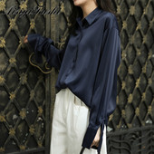 Tavaszi női divat, hosszú ujjú szatén blúz Vintage gombbal lefelé hajtókás nyakú Utcai ingek Elegáns OL selyem felsők Blusák