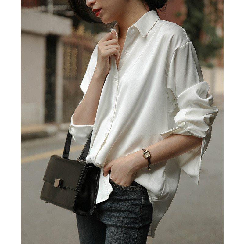 Tavaszi női divat, hosszú ujjú szatén blúz Vintage gombbal lefelé hajtókás nyakú Utcai ingek Elegáns OL selyem felsők Blusák