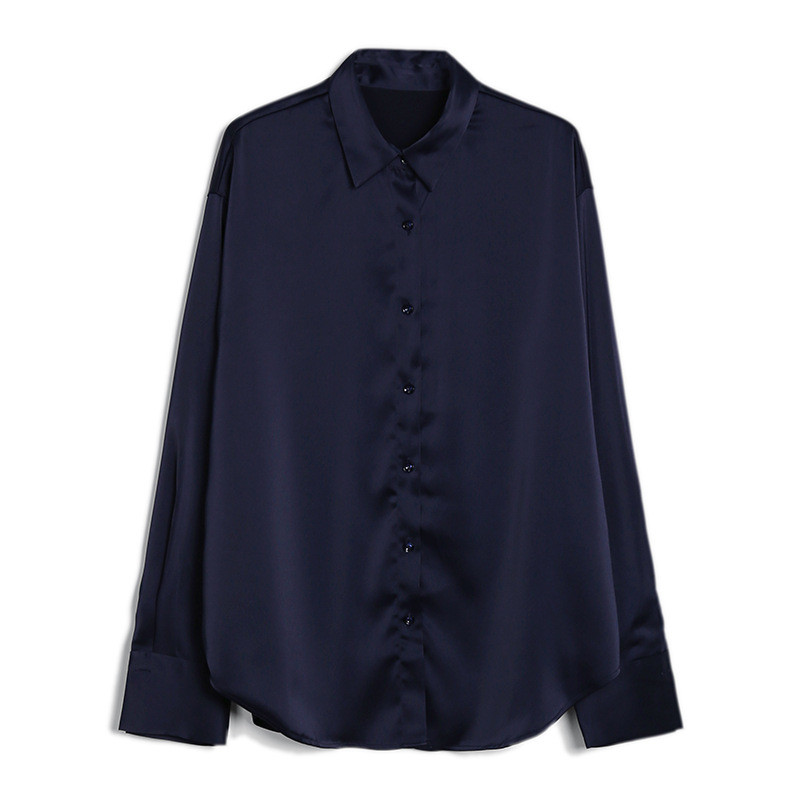 Tavaszi női divat, hosszú ujjú szatén blúz Vintage gombbal lefelé hajtókás nyakú Utcai ingek Elegáns OL selyem felsők Blusák