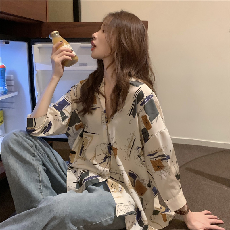 Coreeană lejeră casual cu decolteu în V Bluze pentru femei Cămașă cu mâneci trei sferturi Femei cu imprimeu elegant Topuri florale Bluză pentru femei Bluze 10198