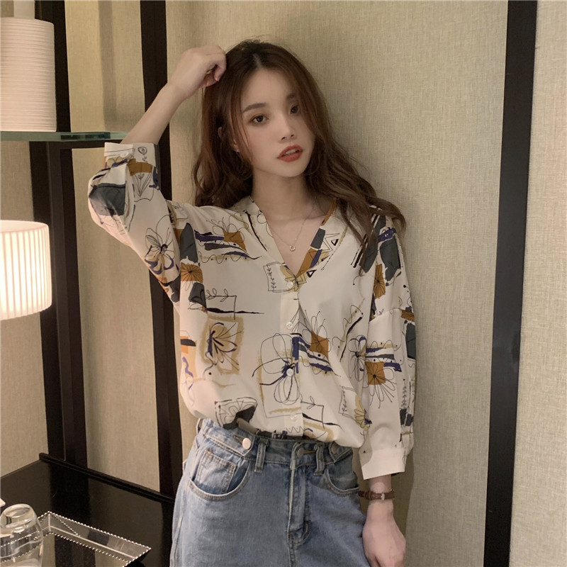 Coreeană lejeră casual cu decolteu în V Bluze pentru femei Cămașă cu mâneci trei sferturi Femei cu imprimeu elegant Topuri florale Bluză pentru femei Bluze 10198