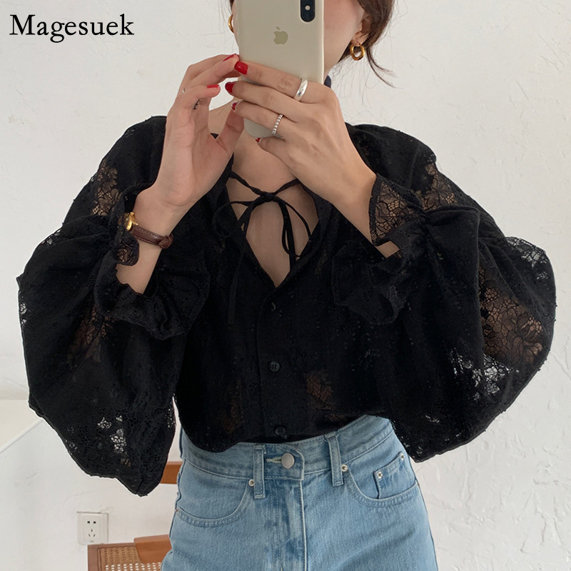 Rudeniniai nėriniai korėjietiška palaidinė, moteriška 2021 m. Nauji Žibintų rankovių marškiniai su V formos iškirpte Moteriški palaidi megztiniai Seksualūs palaidinės moteriškos palaidinės 10202