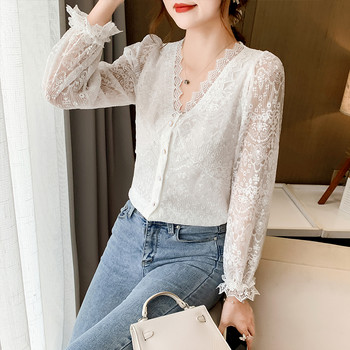 Δαντέλα V-λαιμόκοψη Νέα κομψή λευκή γυναικεία μπλούζα 2020 Φθινοπωρινό Vintage μακρυμάνικο τοπ Γυναικείο βελονάκι λουλούδι Γυναικεία πουκάμισα Blusas 11907
