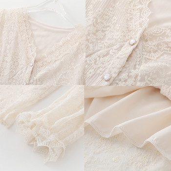 Δαντέλα V-λαιμόκοψη Νέα κομψή λευκή γυναικεία μπλούζα 2020 Φθινοπωρινό Vintage μακρυμάνικο τοπ Γυναικείο βελονάκι λουλούδι Γυναικεία πουκάμισα Blusas 11907
