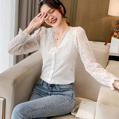 Nėriniai su V formos iškirpte Nauja elegantiška balta palaidinė, moteriška 2020 m. rudens vintažinė palaidinė ilgomis rankovėmis, moteriški nerti moteriški marškiniai su gėlėmis Blusas 11907