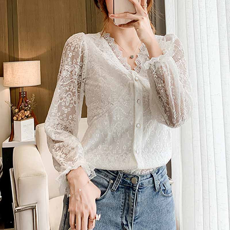 Nėriniai su V formos iškirpte Nauja elegantiška balta palaidinė, moteriška 2020 m. rudens vintažinė palaidinė ilgomis rankovėmis, moteriški nerti moteriški marškiniai su gėlėmis Blusas 11907