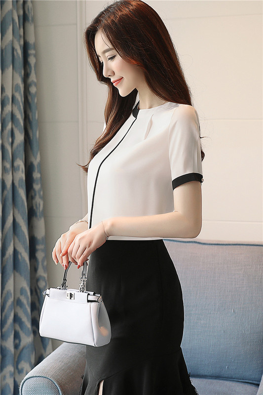 Bluză din șifon cu mânecă scurtă pentru femei, cămașă elegantă de birou pentru femei, topuri casual, subțire, roșu solid, haine noi pentru femei 0215 40