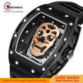 SHUORUI kaubamärgi automaatse liikumisega helendav kvartskell, kopakujuline luksuslik käekell Lucky käekell meeste pealuu sihverplaadi silikoonrihm
