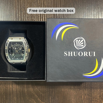 SHUORUI Brand Automatic Movement Luminous Quartz Ρολόι σε σχήμα κάδου Πολυτελές ρολόι Lucky ανδρικό λουράκι σιλικόνης με καντράν κρανίου