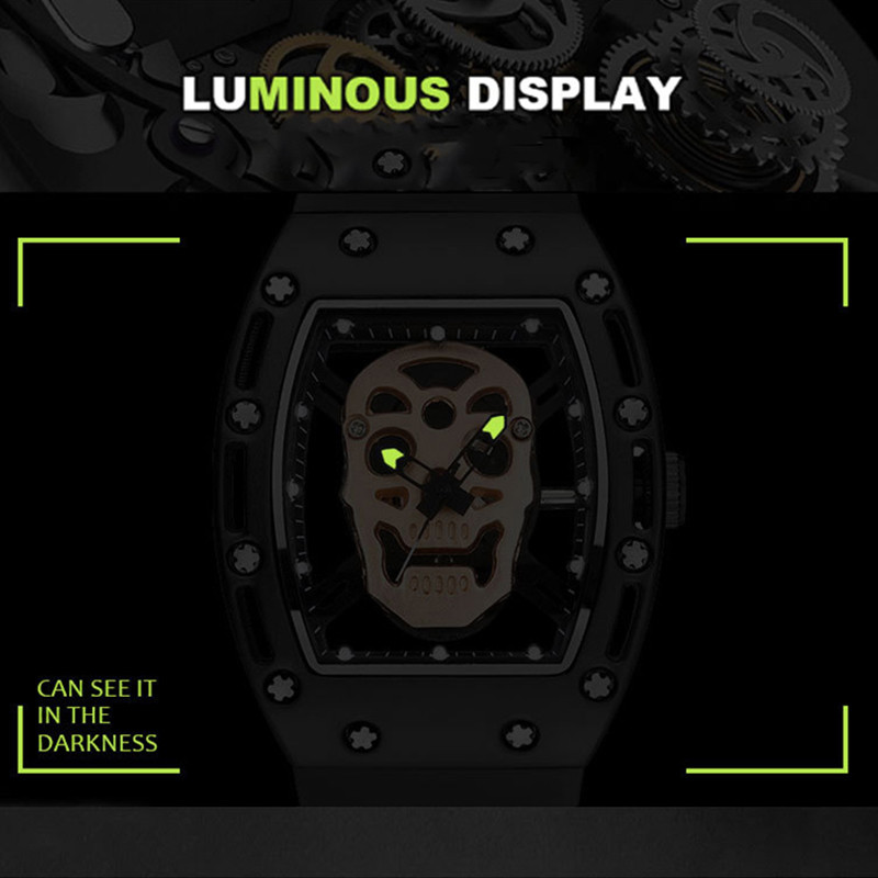 SHUORUI kaubamärgi automaatse liikumisega helendav kvartskell, kopakujuline luksuslik käekell Lucky käekell meeste pealuu sihverplaadi silikoonrihm