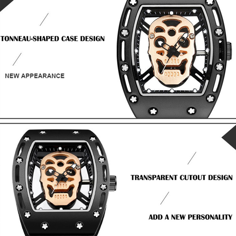 SHUORUI kaubamärgi automaatse liikumisega helendav kvartskell, kopakujuline luksuslik käekell Lucky käekell meeste pealuu sihverplaadi silikoonrihm
