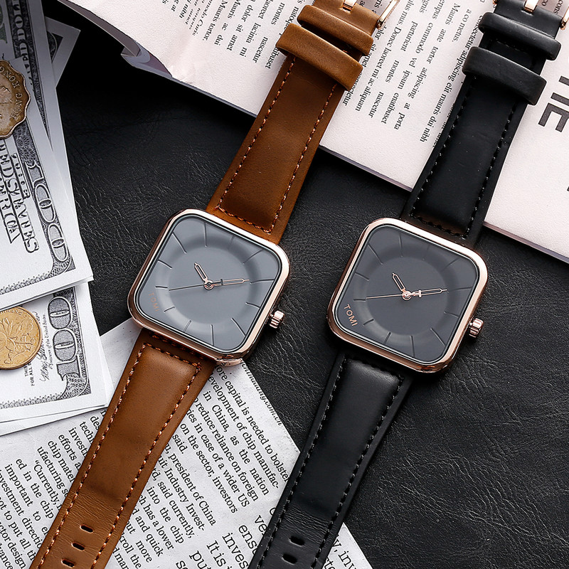 Geriausios prekės ženklo TOMI kvadratinis laikrodis, kasdienis mados vyriškas moteriškas kvarcinis rankinis laikrodis, odinis dirželis, paprastas ciferblatas relogio masculino su dėžute
