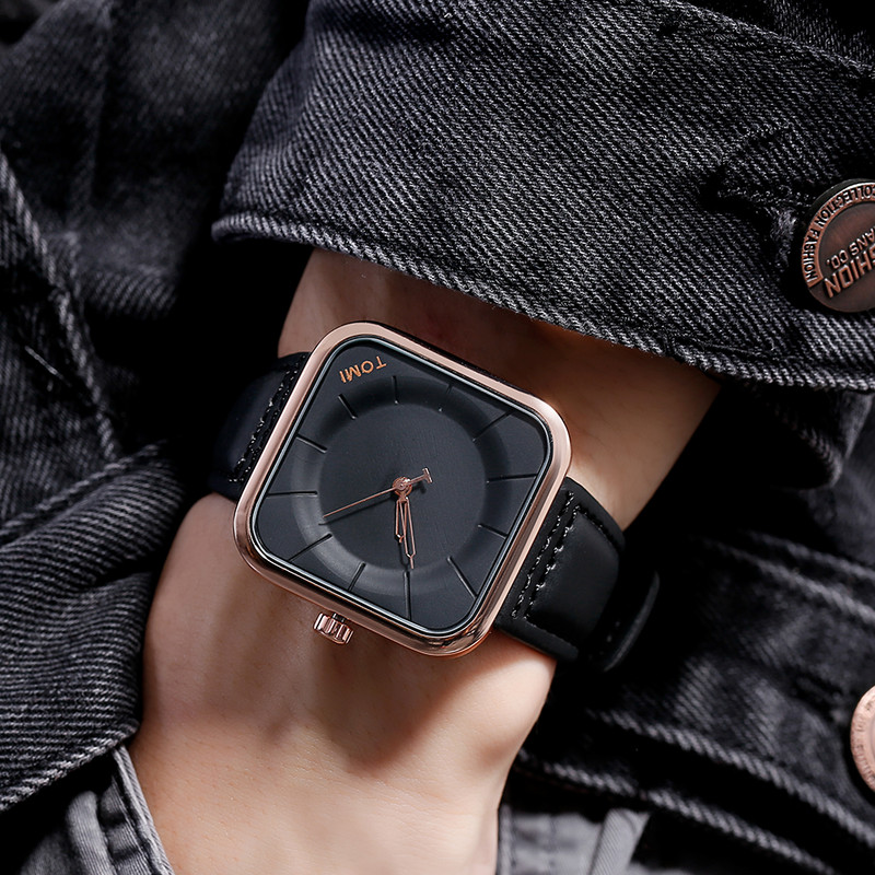 Geriausios prekės ženklo TOMI kvadratinis laikrodis, kasdienis mados vyriškas moteriškas kvarcinis rankinis laikrodis, odinis dirželis, paprastas ciferblatas relogio masculino su dėžute