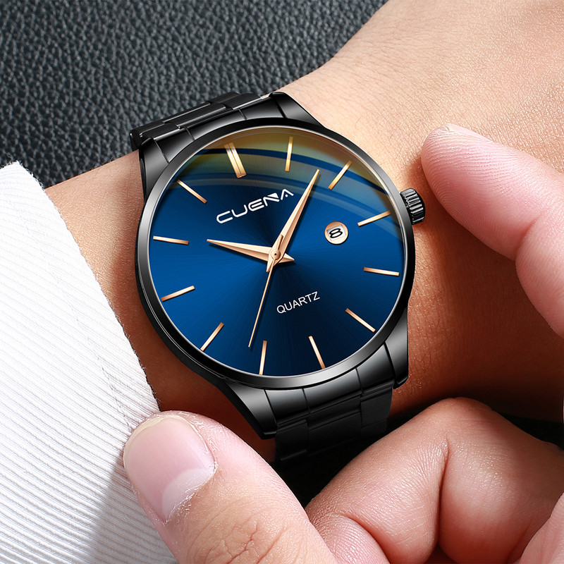 891 pristatymas Madingas vyriškas laikrodis kvarcinis klasikinis juodas rankinis laikrodis plieninis diržas Prabangus kalendorius verslo laikrodis Herren Uhren dovana