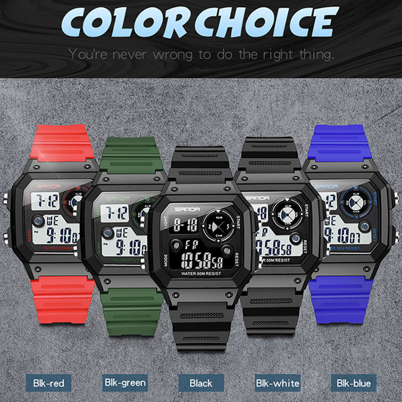 SANDA vyriškas sportinis laikrodis 50M vandeniui atsparus karinis lauko žvejybos ekranas Laikrodis Vyriški laikrodžiai Skaitmeniniai Reloj Hombre Prabangios mados