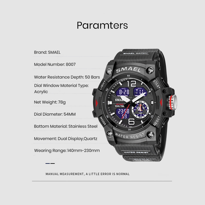 SMAEL sportinis laikrodis vyriškas žadintuvas Chronografinis laikrodis Chronometras LED datos ir dienos dviejų laiko juostų vandeniui atsparus 5 barų karinis vyriškas laikrodis 8007