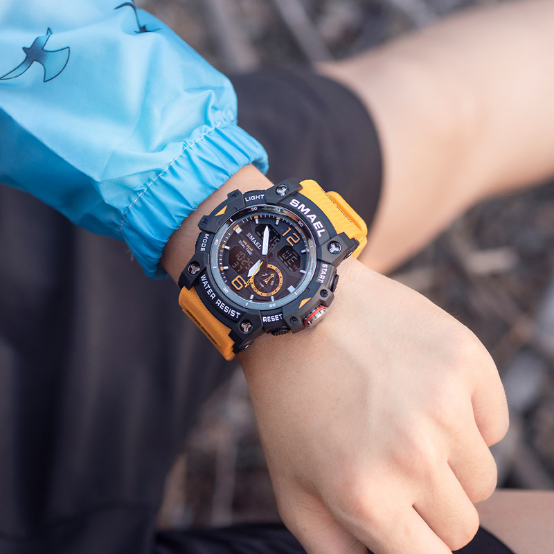 SMAEL sportinis laikrodis vyriškas žadintuvas Chronografinis laikrodis Chronometras LED datos ir dienos dviejų laiko juostų vandeniui atsparus 5 barų karinis vyriškas laikrodis 8007