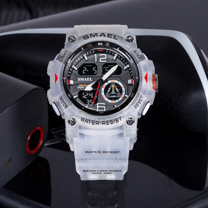 SMAEL sportinis laikrodis vyriškas žadintuvas Chronografinis laikrodis Chronometras LED datos ir dienos dviejų laiko juostų vandeniui atsparus 5 barų karinis vyriškas laikrodis 8007