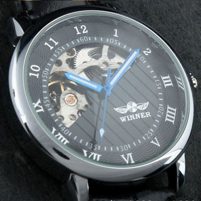 WINNER garsaus populiaraus karšto mechaninio prekės ženklo vyriški vyriški madingi klasikiniai klasikiniai skeleto laikrodžiai, aukso spalvos ciferblato odinė apyrankė