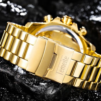 Ανδρικό ρολόι Temeite Πολυτελές χρυσό ανδρικό ρολόι Big dial Quartz Αδιάβροχο ρολόι από ανοξείδωτο ατσάλι Ανδρικό ρολόι Auto Date Relogio Masculino