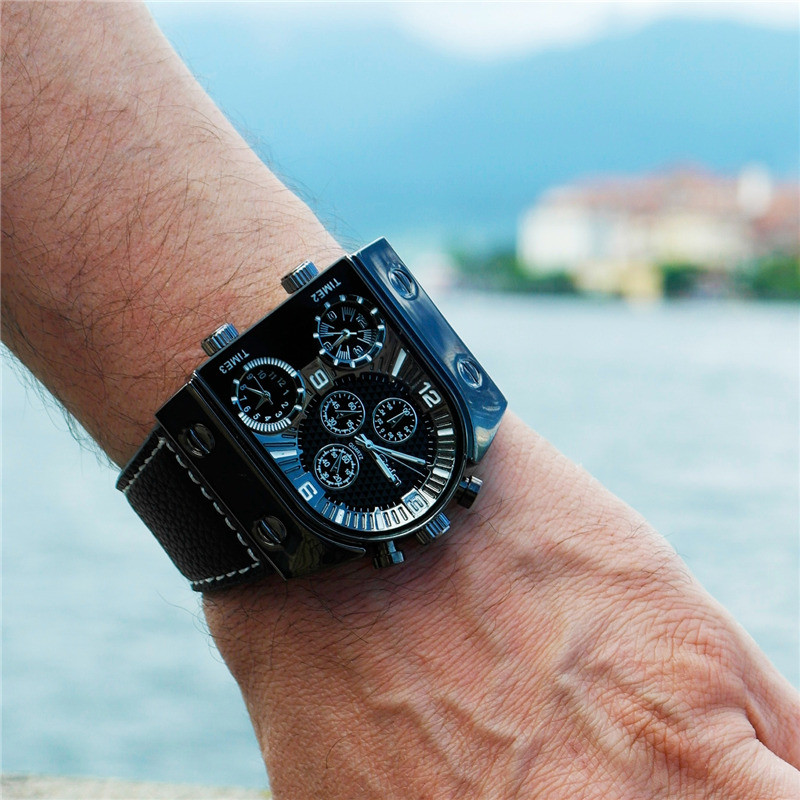 Oulm 9315 trijų laiko zonų laikrodžiai kasdieniai odiniai klasikiniai vyriški kvarciniai unikalaus dizaino vyriški sportiniai lauko laikrodžiai