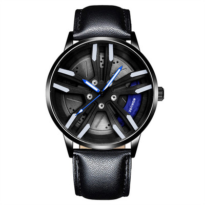 Férfi keréktárcsa-agy óra Rozsdamentes acél sportautó férfi kvarc órák Vízálló kreatív bőr világító óra relogio masculio