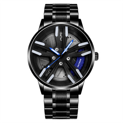 Férfi keréktárcsa-agy óra Rozsdamentes acél sportautó férfi kvarc órák Vízálló kreatív bőr világító óra relogio masculio