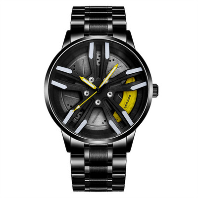 Férfi keréktárcsa-agy óra Rozsdamentes acél sportautó férfi kvarc órák Vízálló kreatív bőr világító óra relogio masculio