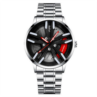 Férfi keréktárcsa-agy óra Rozsdamentes acél sportautó férfi kvarc órák Vízálló kreatív bőr világító óra relogio masculio