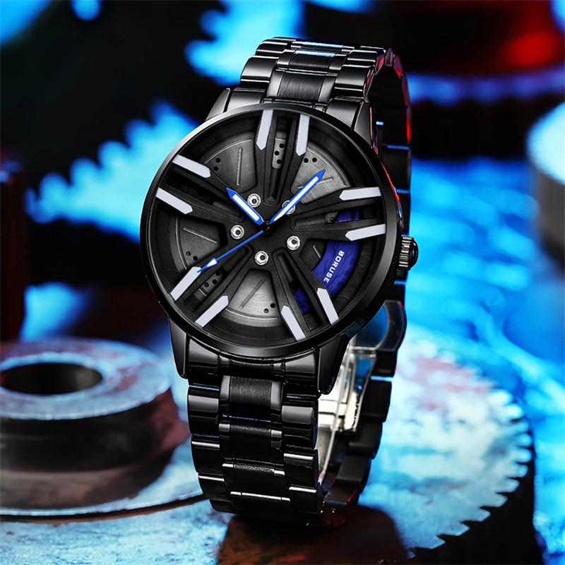 Férfi keréktárcsa-agy óra Rozsdamentes acél sportautó férfi kvarc órák Vízálló kreatív bőr világító óra relogio masculio