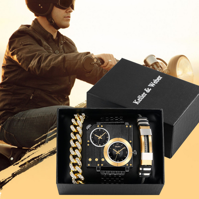 3 vnt. Nauji vyriški laikrodžiai Prabangus juodas kvarcinis vyriškas laikrodis su apyrankių rinkiniu Dovana vaikinui kvadratinio ciferblato dizaino Reloj