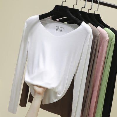 Нов модел едноцветна блуза с дълъг ръкав и V-образно деколте