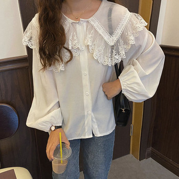Puff μανίκι Casual Vintage Φθινοπωρινό Γυναικείο Μπλουζάκι Fairy Peter Pan Collar Basic Μπλούζα Chick 2020 Lace Chiffon Γυναικείο πουκάμισο 11767