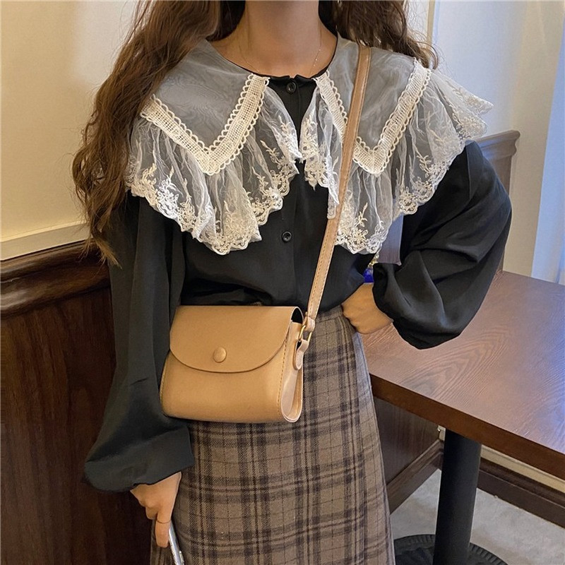 Mâneci bufante Casual Vintage Toamnă Office Topuri Damă Zână Guler Peter Pan Bluză de bază Chic 2020 șifon din dantelă Cămașă pentru femei 11767