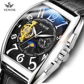Moebränd SEWOR meeste automaatne mehaaniline käekell must nahkrihmaga Tourbillon käekell Moon Phase käekell Relogio Masculino