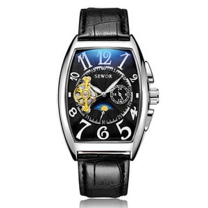 Moebränd SEWOR meeste automaatne mehaaniline käekell must nahkrihmaga Tourbillon käekell Moon Phase käekell Relogio Masculino