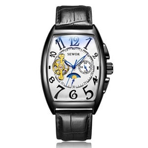 Moebränd SEWOR meeste automaatne mehaaniline käekell must nahkrihmaga Tourbillon käekell Moon Phase käekell Relogio Masculino