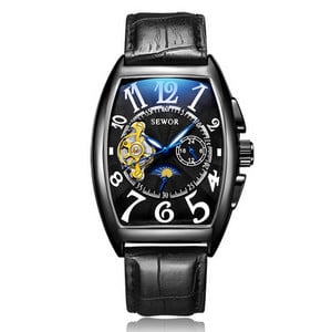 Moebränd SEWOR meeste automaatne mehaaniline käekell must nahkrihmaga Tourbillon käekell Moon Phase käekell Relogio Masculino