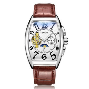 Moebränd SEWOR meeste automaatne mehaaniline käekell must nahkrihmaga Tourbillon käekell Moon Phase käekell Relogio Masculino