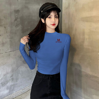 Дамска блуза с дълъг ръкав и надпис-висока яка 